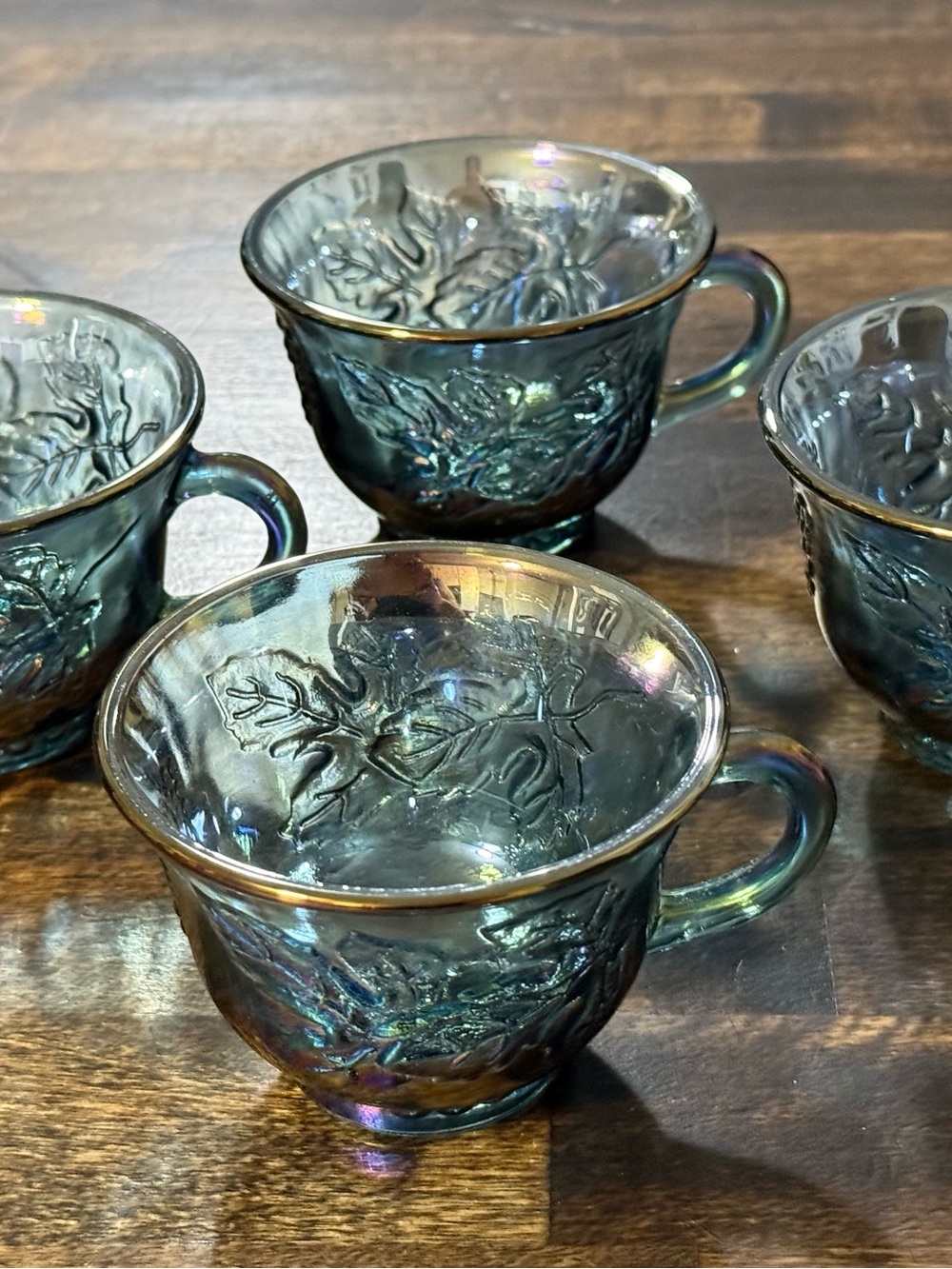 Indiana Glass "Harvest Grape" Iridescent Blue Carnival Glass Punch Cups Set of 4